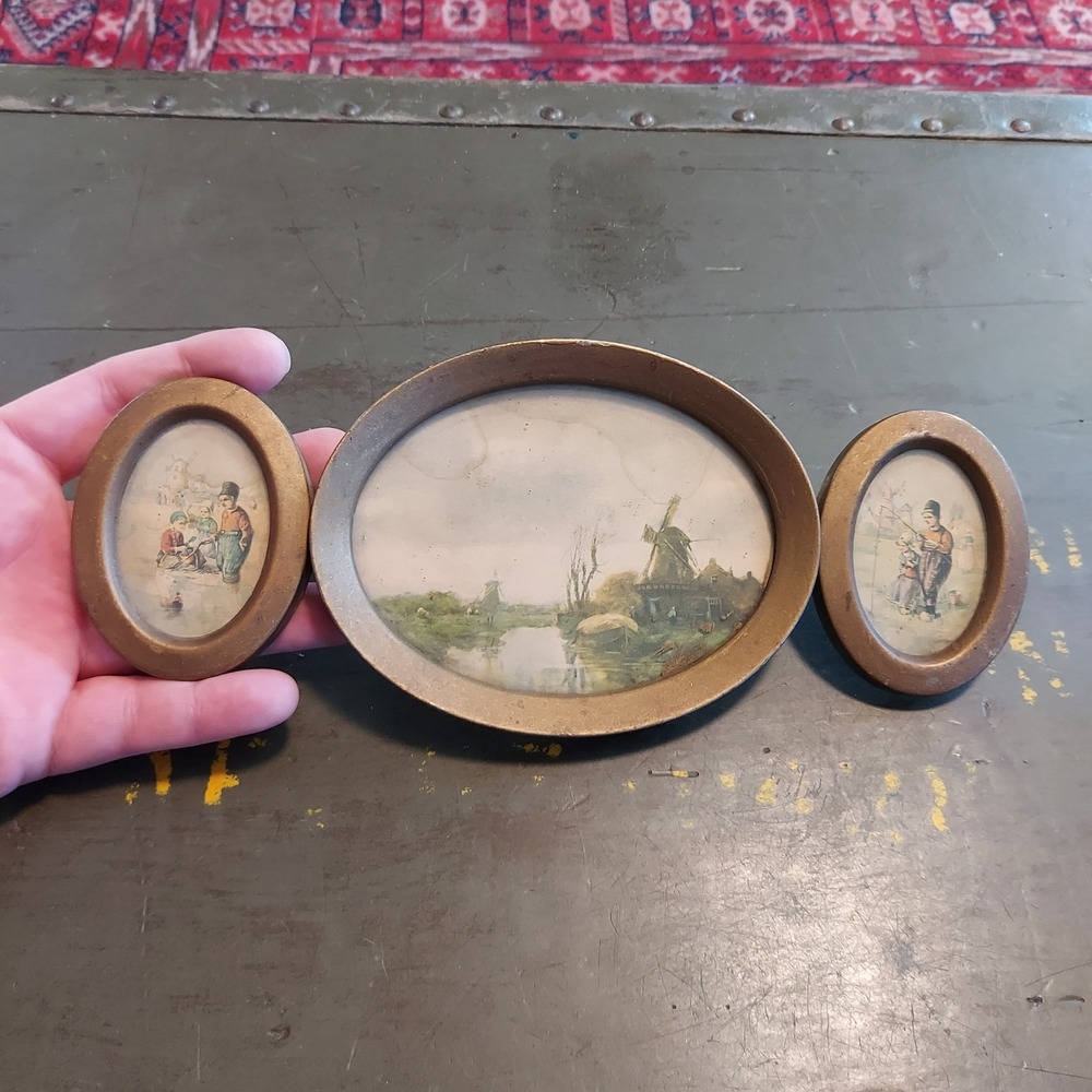 Vintage Dutch Windmill Triptych Oval Gold Metal Frame Wall Decor 4x9.75
